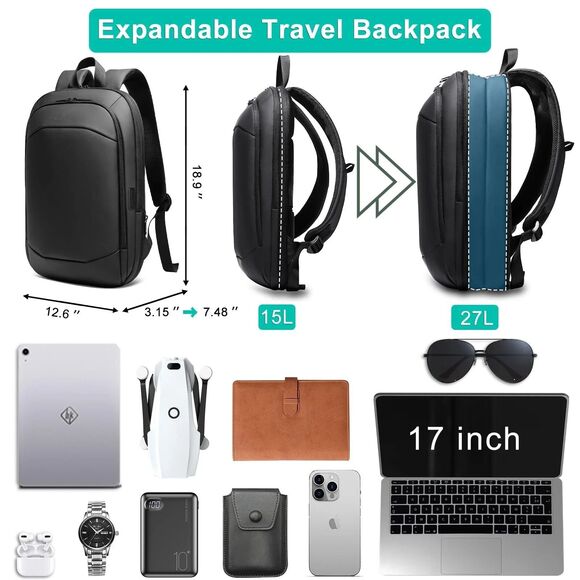 Business Backpack for Men 17 Inch,Slim & Expandable Waterproof Travel Laptop ... - Picture 11 of 15
